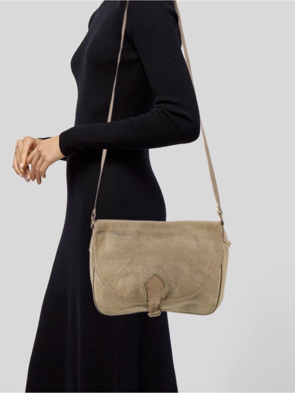 Vintage Textured Taupe Leather Shoulder Bag with Buckle Strap